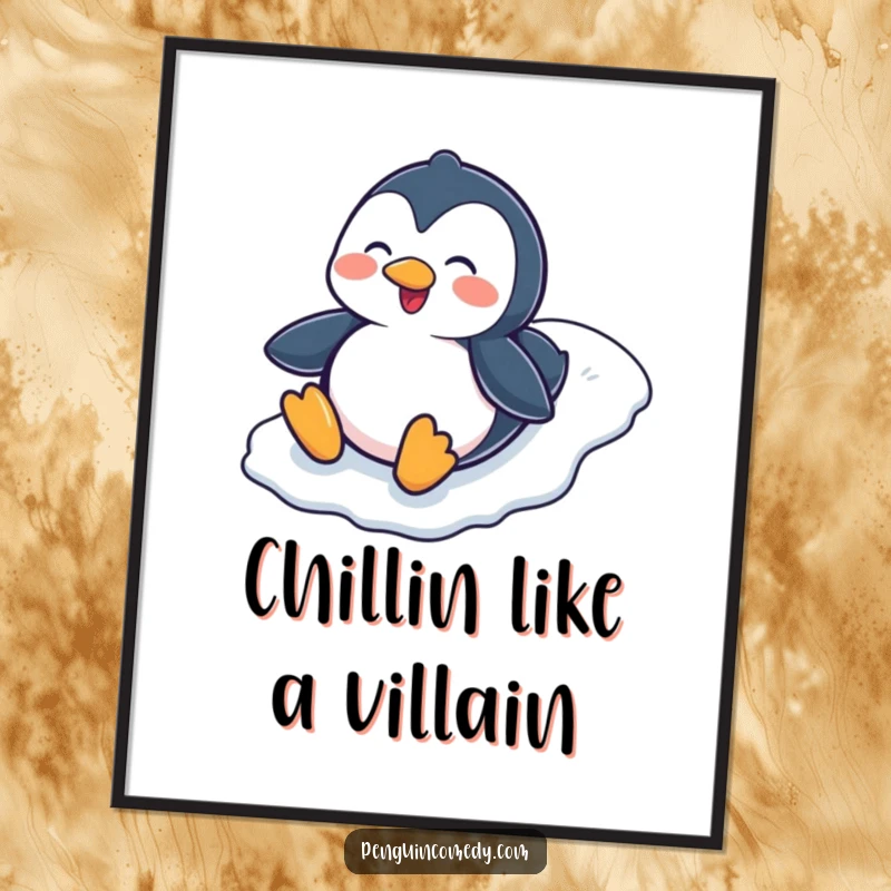 Funny Free Printable Wall Art: A cheerful penguin slides down a snowy hill on its belly with pure joy.