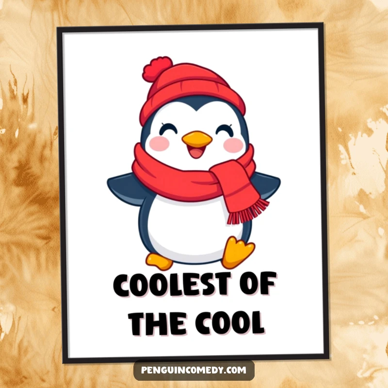 Cute Free Printable Wall Art of a cheerful penguin holding a bright red scarf, bringing a cozy and friendly feel to any room.