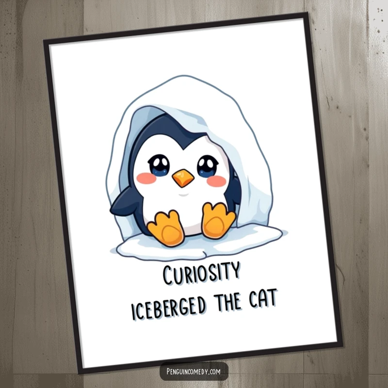 Funny Free Printable Wall Art: Curious penguin with wide eyes peeking from behind a frosty iceberg, adding a touch of whimsy.