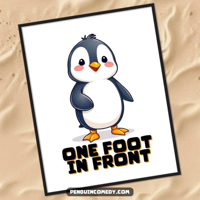 Funny free printable wall art, a penguin standing perfectly balanced on one foot, a quirky decor piece.