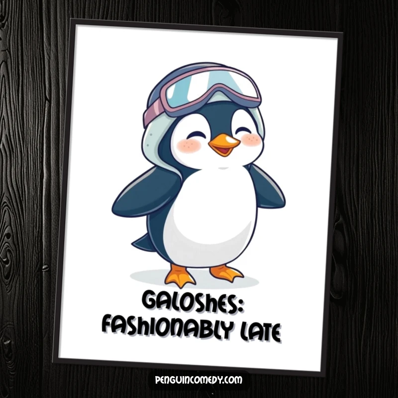 Funny Free Printable Wall Art: Giggling penguin looking joyful as it waddles along in a pair of comically large galoshes.