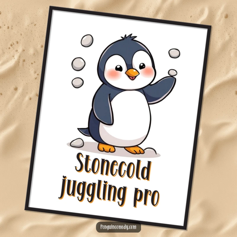 Funny free printable wall art of a penguin concentrating hard while juggling three small pebbles, a quirky decor piece.