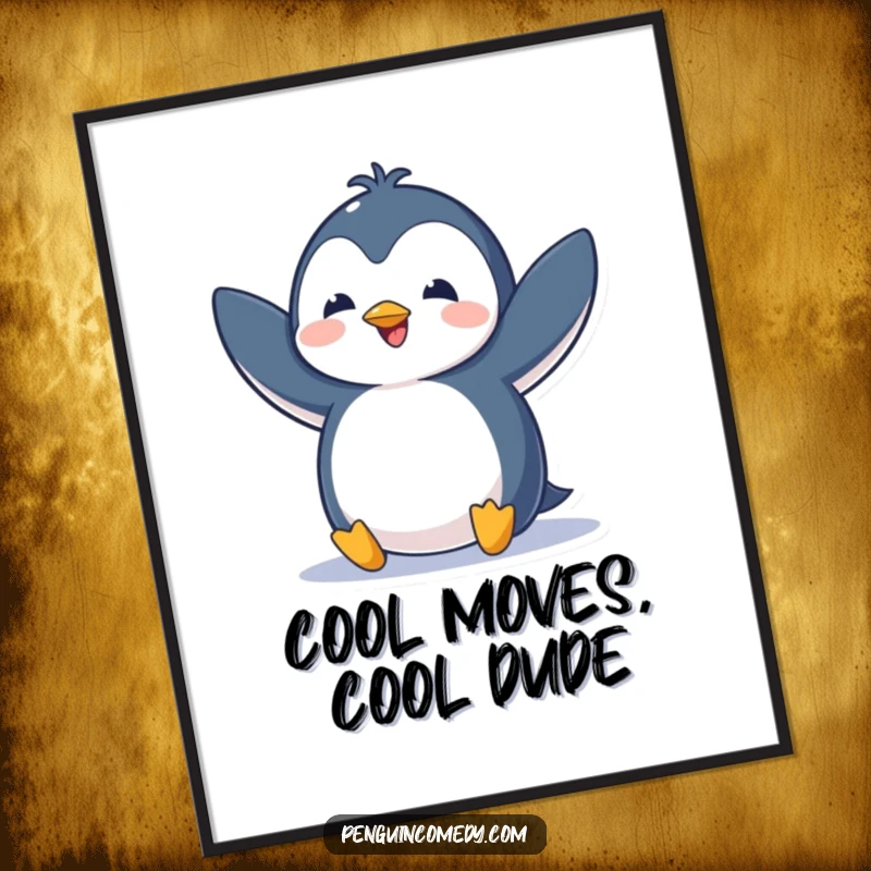 Funny Free Printable Wall Art: An adorable penguin joyfully flapping its wings, capturing a moment of pure excitement and playful charm.