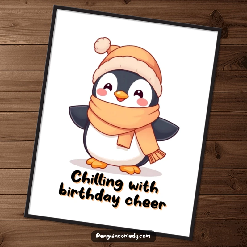Funny free printable wall art of a cute penguin wearing a scarf and hat, happily waddling with a cheerful expression.