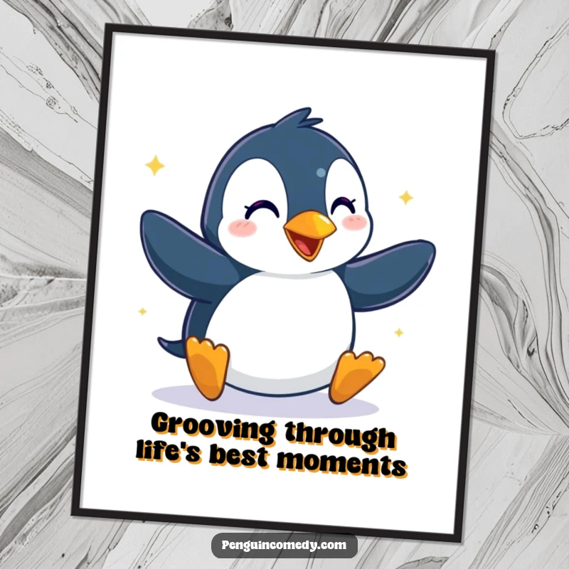 Funny Free Printable Wall Art: A penguin caught mid-dance, performing with uninhibited glee and happiness.