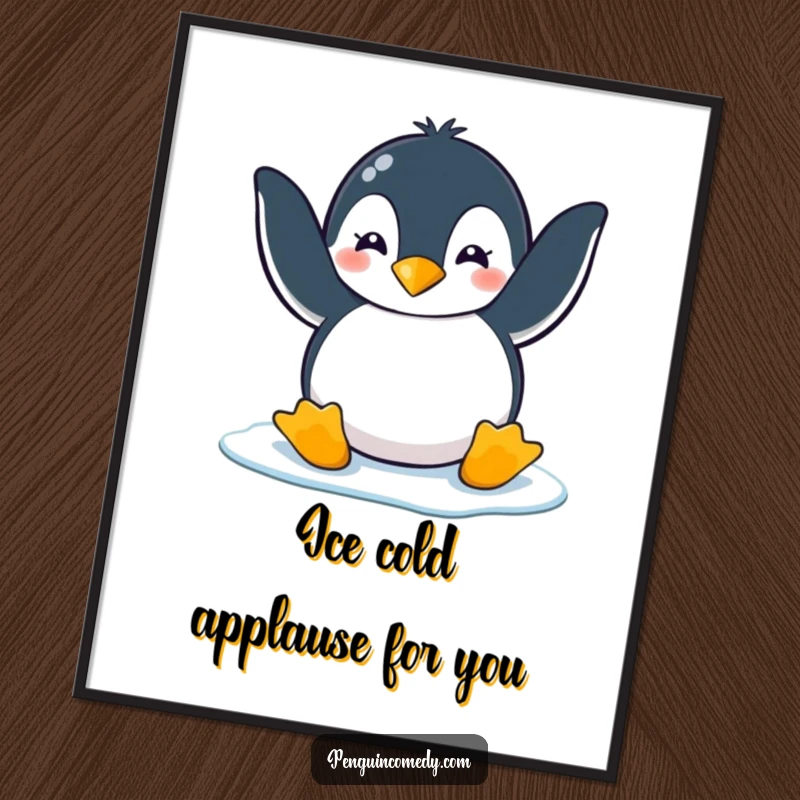 Funny Free Printable Wall Art: A penguin enthusiastically claps its flippers on a frozen surface. Humorous, downloadable decor for a chilly vibe.