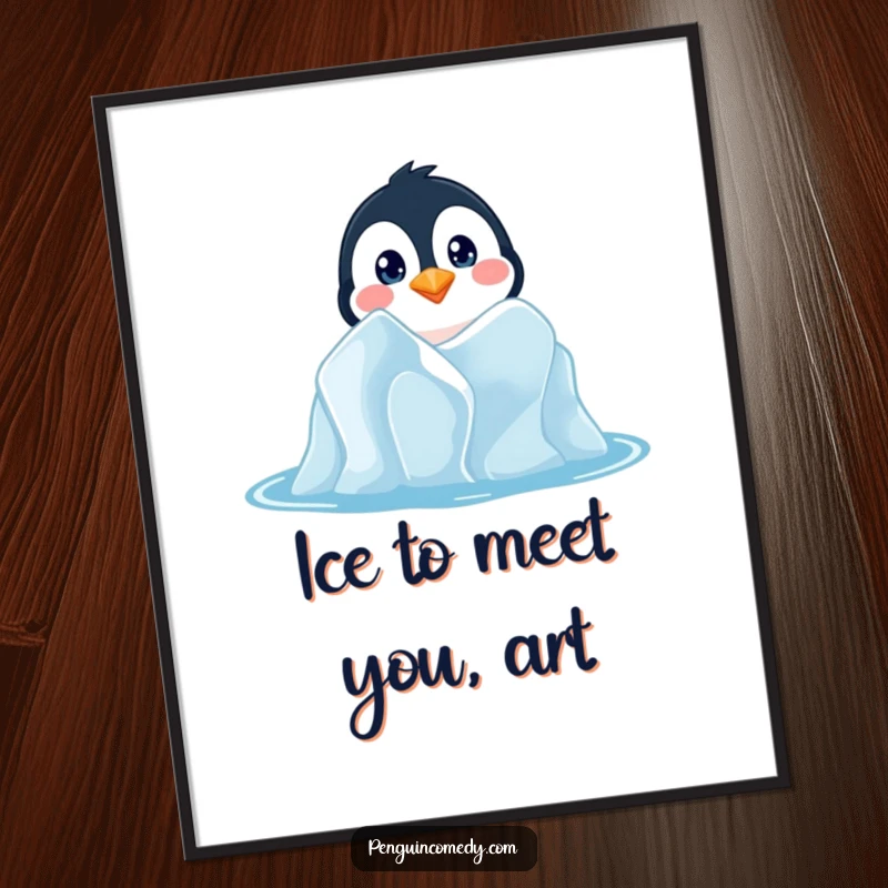 Funny Free Printable Wall Art: Curious penguin peeking from an iceberg, wide-eyed, unique printable decor.
