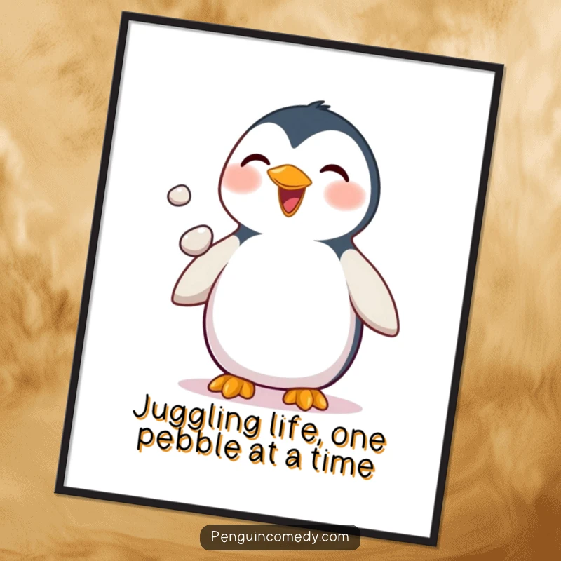 Funny Free Printable Wall Art: Delighted penguin performing an impressive pebble juggling act with its flippers, full of joy.