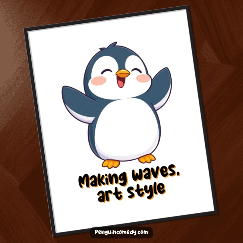 Funny Free Printable Wall Art: Overjoyed penguin enthusiastically flapping flippers, pure celebration, energetic decor.