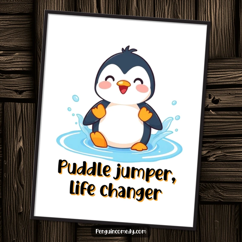 Funny Free Printable Wall Art: A playful penguin gleefully splashes in a vibrant blue puddle.