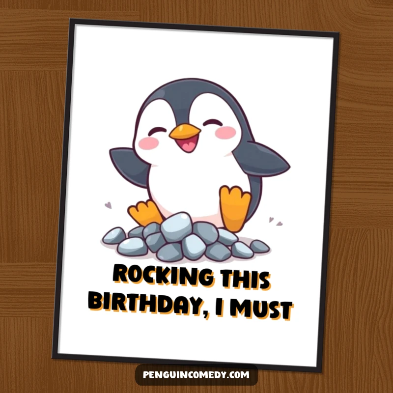 Funny Free Printable Penguin Wall Art: A penguin with a silly smile chases shiny rocks.