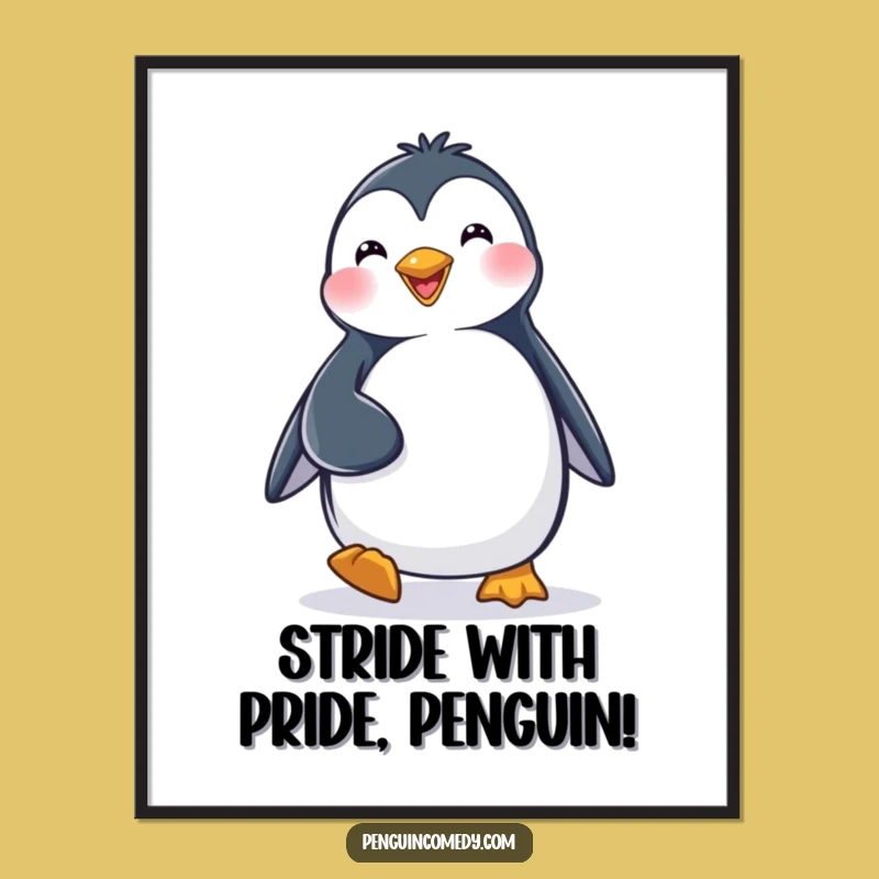 Add a splash of fun to your walls with this free printable art. A determined penguin waddles into your space, ready to print at home.
