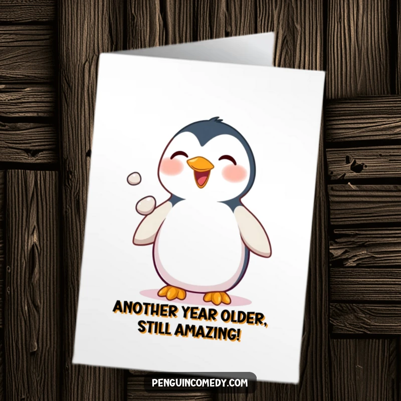 Funny Free Printable Birthday Card: Delighted penguin skillfully juggling three small pebbles with its flippers, celebrating.