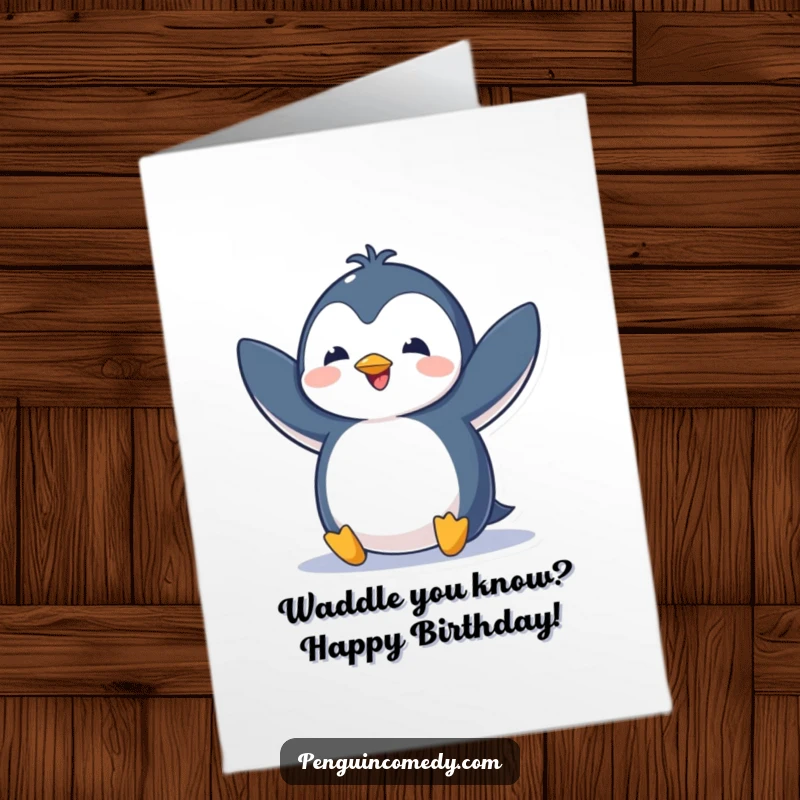 Funny Free Printable Birthday Card: A penguin flapping its wings with pure excitement, celebrating a joyous birthday occasion.