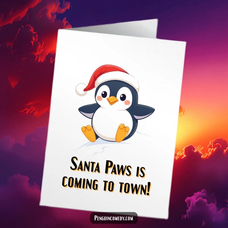 Funny Free Printable Birthday Card: Excited penguin in Santa hat sliding down snowy slope, spreading holiday cheer.