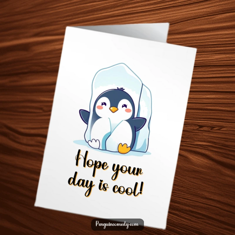 Funny Free Printable Birthday Card: Mischievous penguin peeking from behind an iceberg with a wide, happy grin, playful greeting.