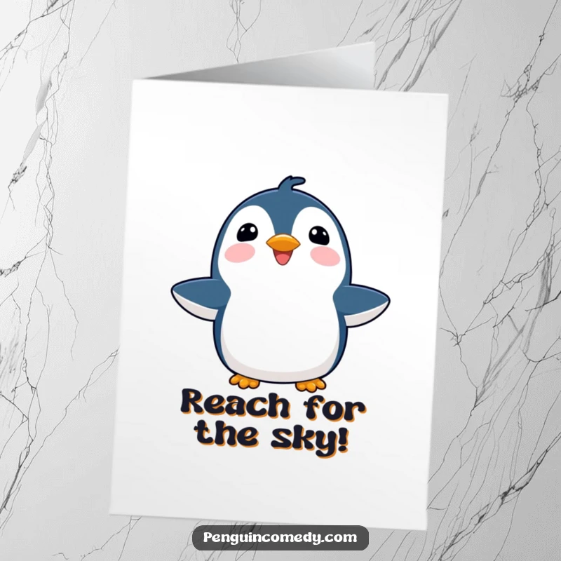 Free Printable Happy Birthday card of a joyful penguin with flippers outstretched, looking blissfully upwards towards the sky.