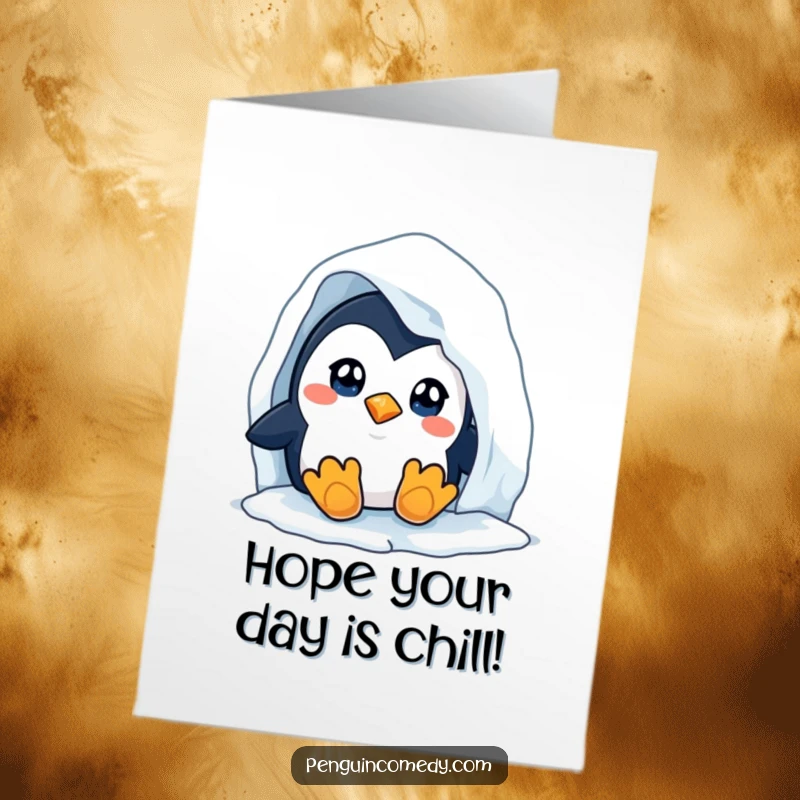 Funny Free Printable Birthday Card: Curious penguin peeking wide-eyed from behind an iceberg, ready for a birthday surprise.