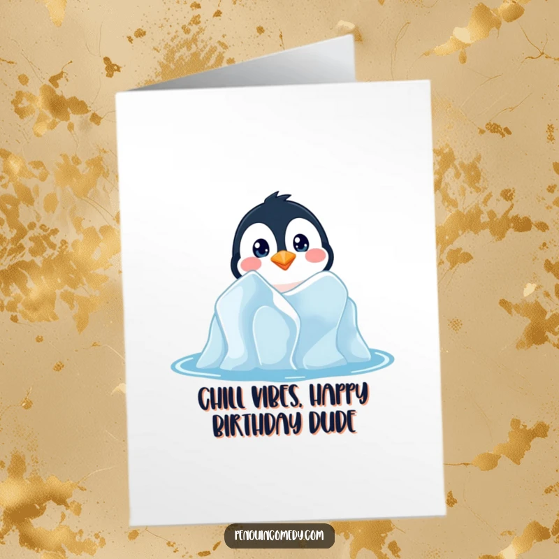 Funny Free Printable Birthday Card: Curious penguin peeking from an iceberg, wide eyes, perfect DIY gift.