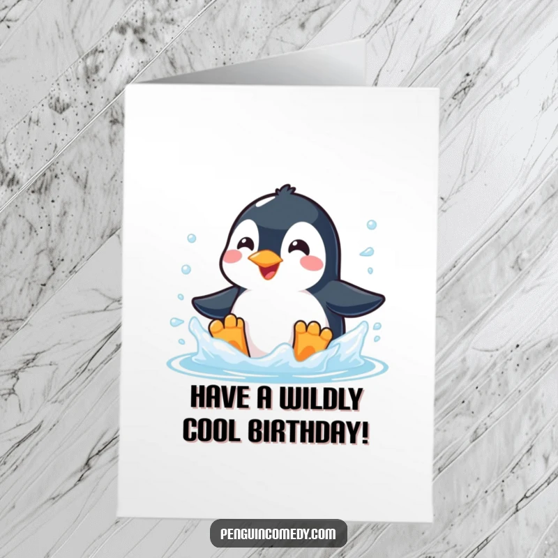 Funny Free Printable Birthday Card: Joyful penguin with a wide smile, enthusiastically splashing in cold water, pure delight.