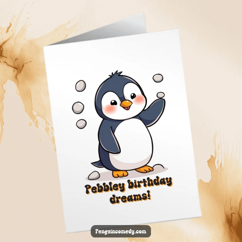 Funny free printable birthday card of a penguin comically juggling three small pebbles with intense concentration.