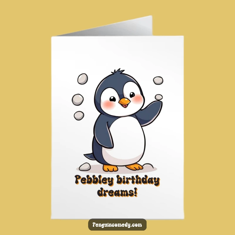Free Printable Penguin Juggling Pebbles Funny Birthday Card - Downloadable DIY Gift