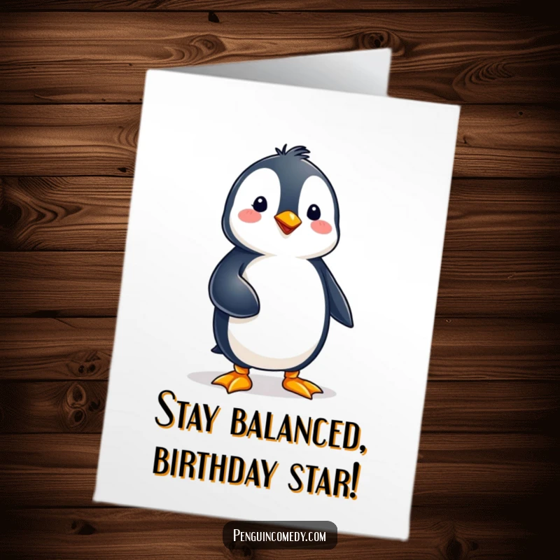 Funny free printable birthday card of a penguin perfectly balancing on one foot with a calm expression.