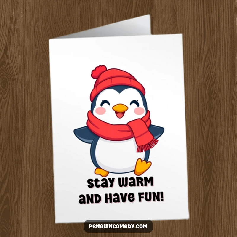 Free Printable Happy Birthday card with a cheerful penguin holding a bright red scarf, exuding warmth and friendliness.