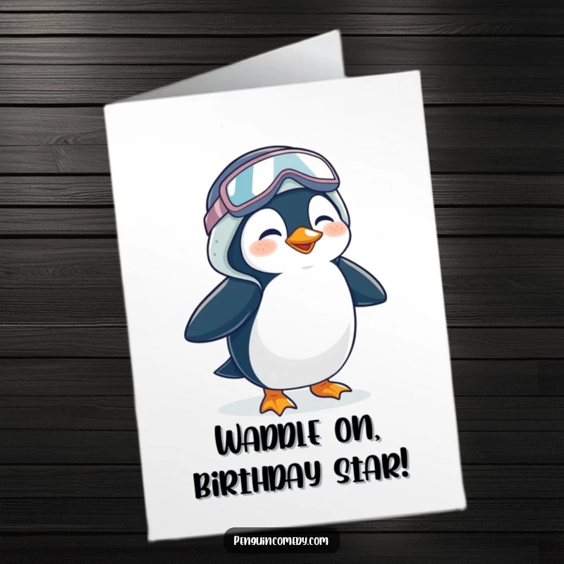 Funny Free Printable Birthday Card: Giggling penguin looking utterly delighted while waddling in oversized, bright galoshes.