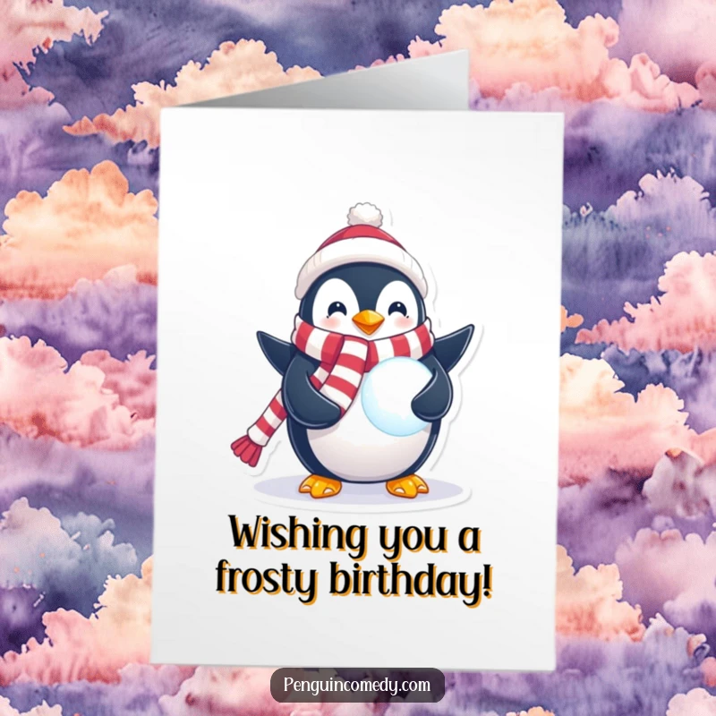 Funny free printable birthday card of a penguin in a festive scarf holding a magical glowing snowball, wishing happy birthday.