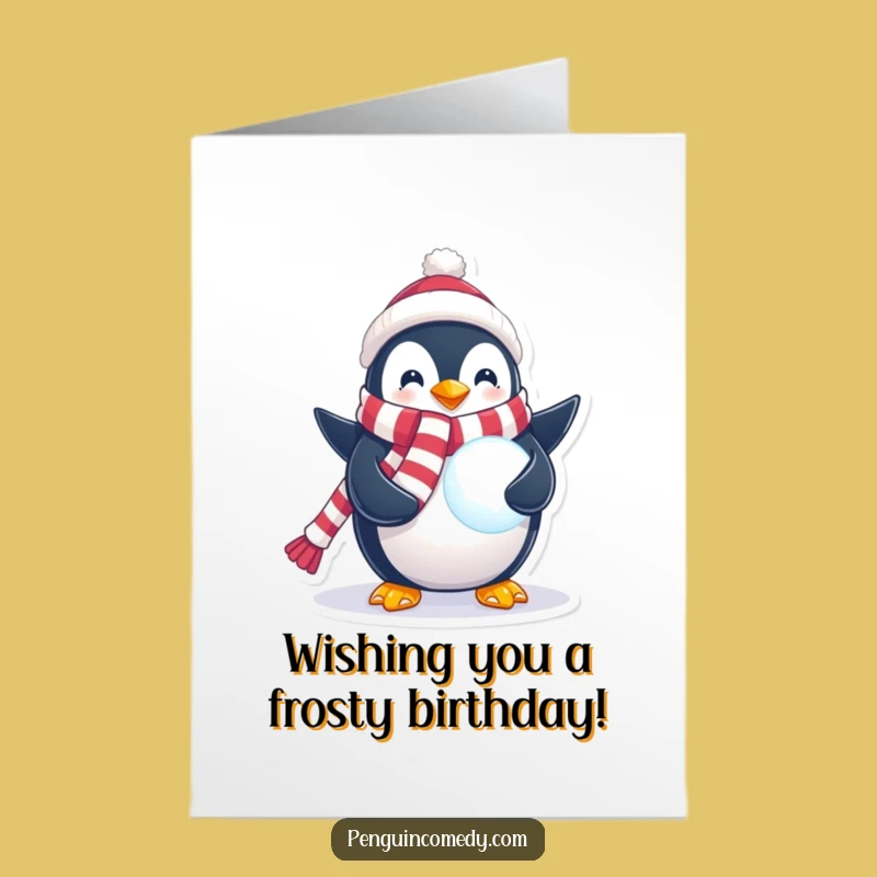 Free Printable Birthday Card: Festive Penguin Snowball Downloadable Greeting for Winter Birthdays