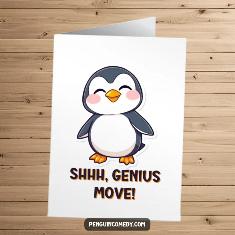 Funny free printable congratulations card, a penguin looking sideways with a sly, mischievous grin, ready to celebrate.