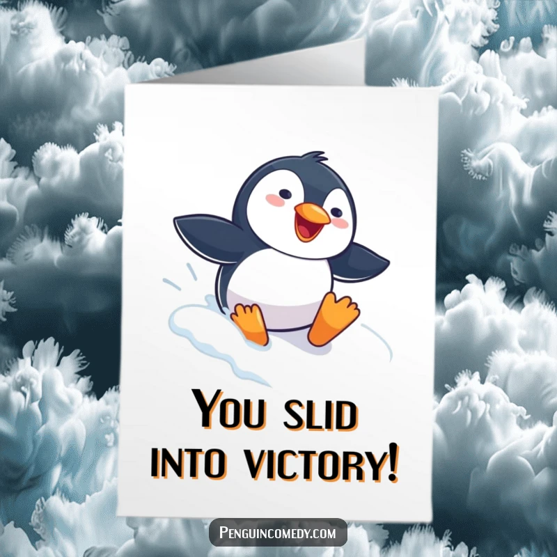 Funny free printable congratulations card showing a penguin gleefully sliding headfirst down a snowy slope, celebrating a triumphant moment.