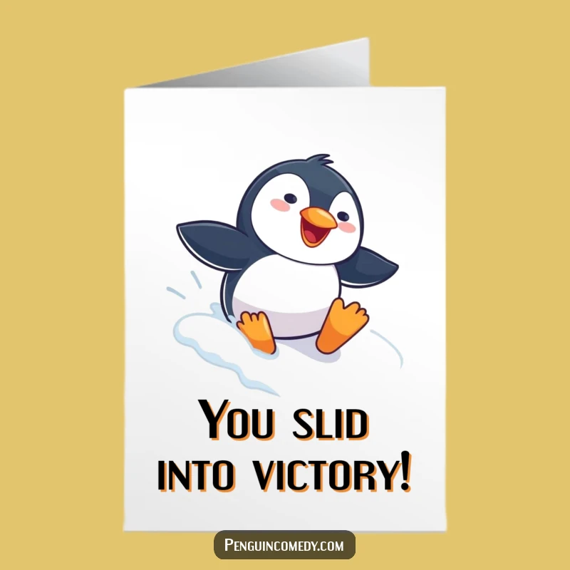 Free Printable Congrats Card: Gleeful Penguin Snow Slide Downloadable for Winning Runs
