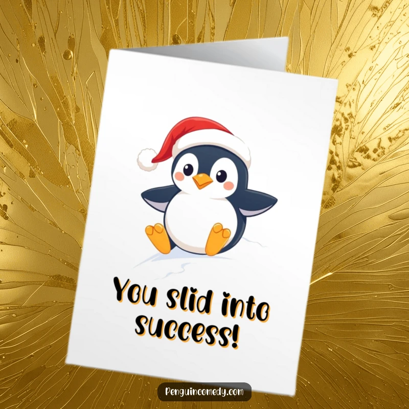 Funny Free Printable Congrats Card: Happy penguin in Santa hat joyfully sliding down a snowy hill, celebrating a win.