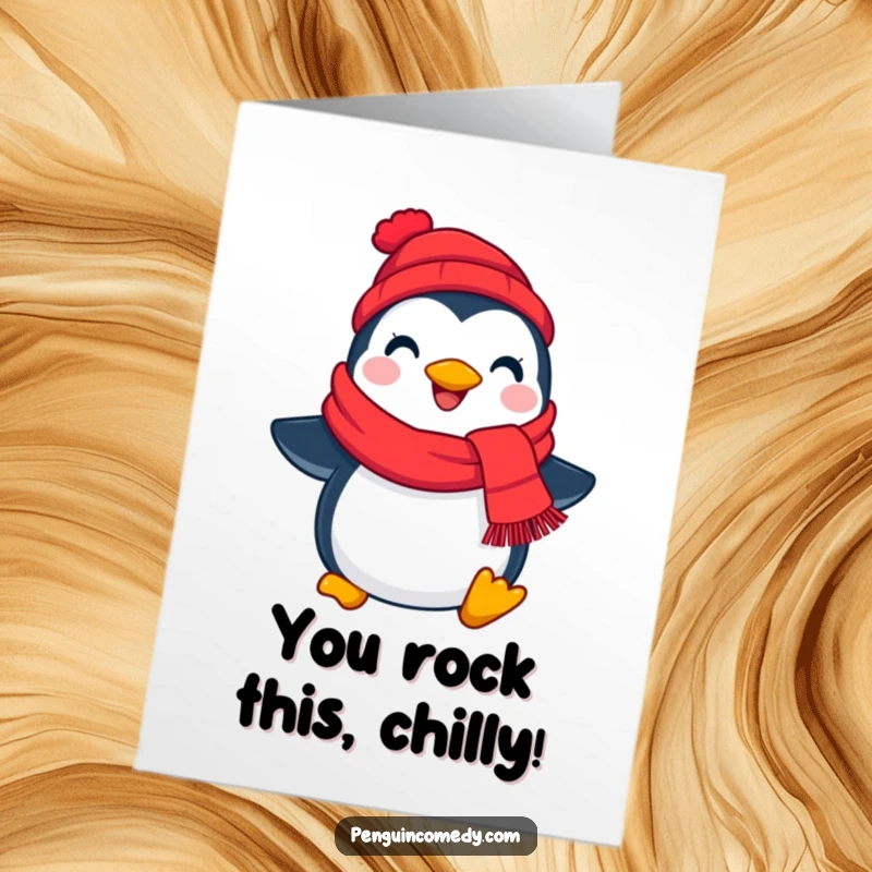 Free Printable Congratulations card showcasing a cheerful penguin holding a bright red scarf, symbolizing warmth and good cheer.