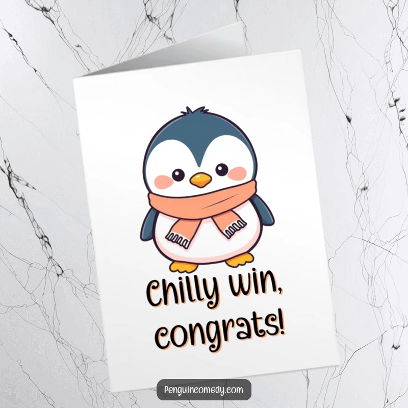 Funny Free Printable Congratulations Card: A smiling penguin sporting a tiny scarf, perfect for congrats.
