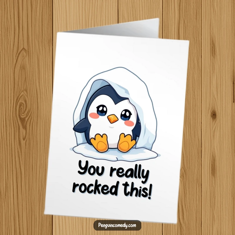 Funny Free Printable Congratulations Card: Curious penguin peeking from behind an iceberg, expressing surprised delight at good news.