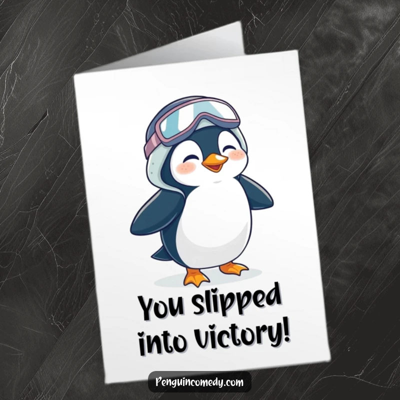 Funny Free Printable Congratulations Card: Giggling penguin waddling comically in oversized galoshes, celebrating success with glee.