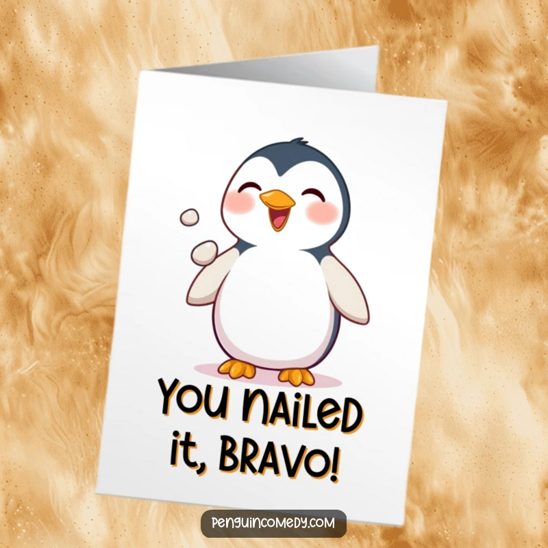 Funny Free Printable Congratulations Card: Delighted penguin juggling pebbles, showcasing impressive skills for a congratulatory moment.
