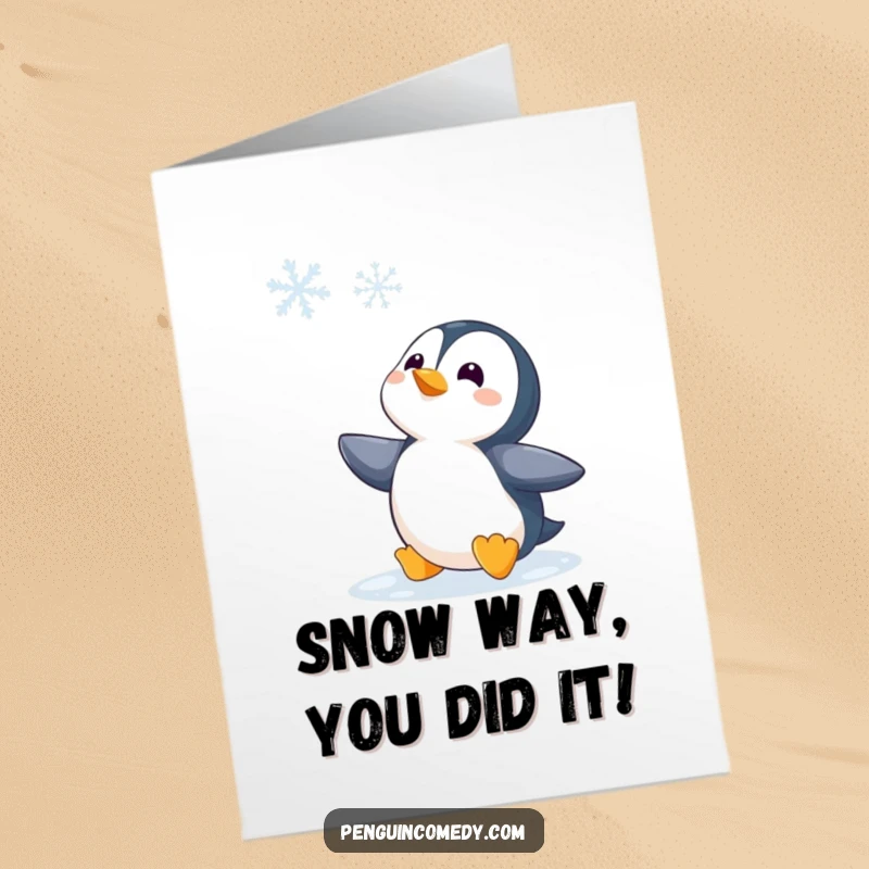 Funny Free Printable Congratulations Card: A penguin looks up in curiosity at a delicate snowflake drifting down.