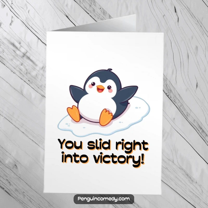 Funny Free Printable Congratulations Card: A smiling penguin gleefully belly-slides down an icy slope, marking a victory.
