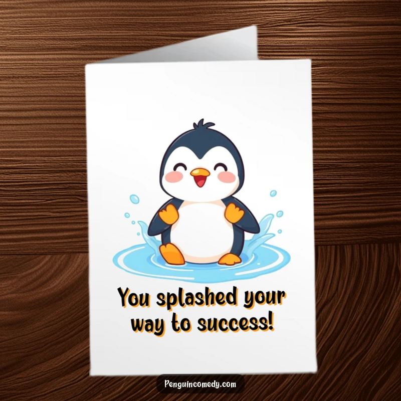 Funny Free Printable Congratulations Card: A playful penguin exuberantly splashes in a bright blue puddle.