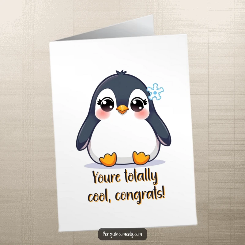 Funny Free Printable Penguin Congratulations Card: A wide-eyed penguin watching a snowflake, perfect for a downloadable celebratory message.