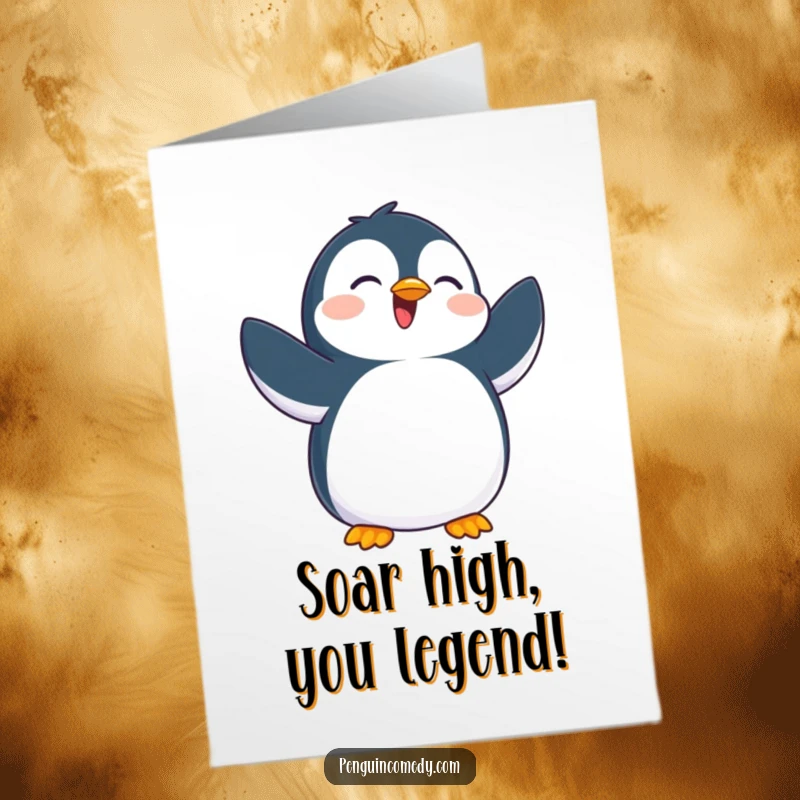 Funny Free Printable Congratulations Card: Overjoyed penguin enthusiastically flapping flippers, celebrating a win, unique art.