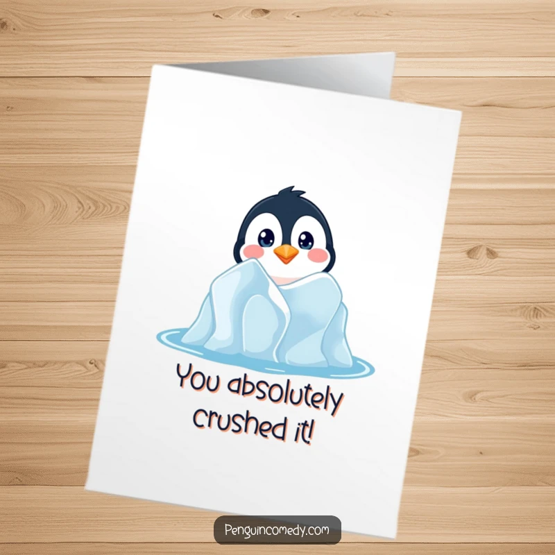 Funny Free Printable Congratulations Card: Curious penguin peeking from an iceberg, celebrating success, downloadable art.