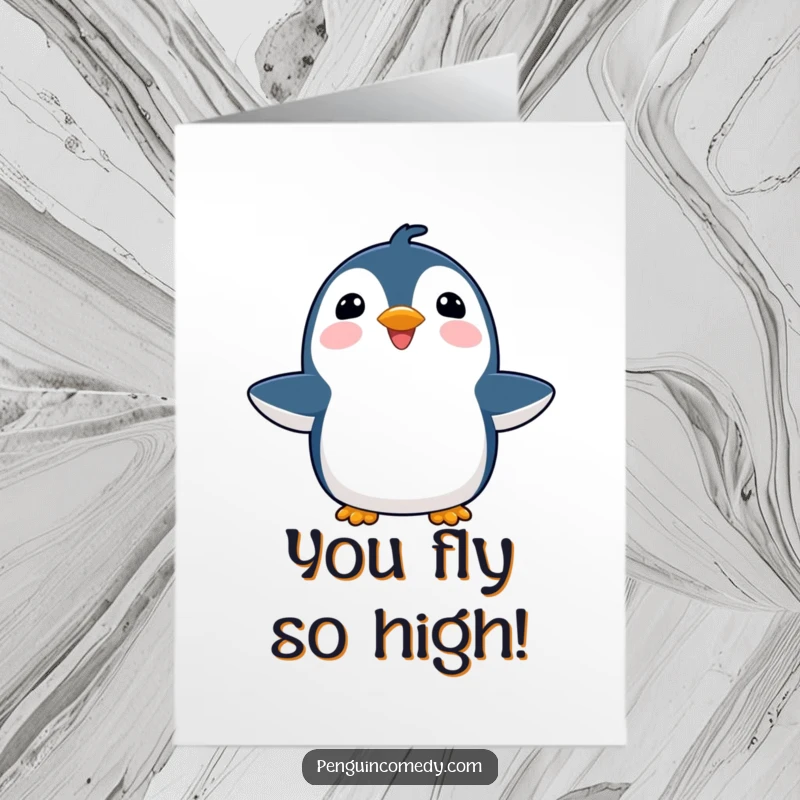 Free Printable Congratulations card of a joyful penguin with flippers wide open, gazing upwards in elation.