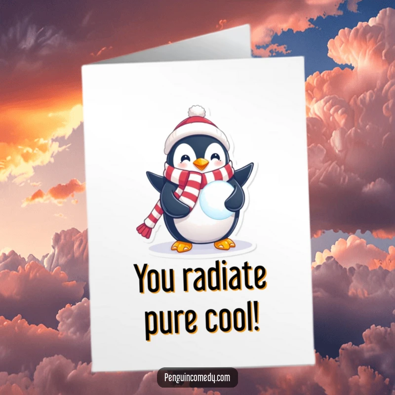 Funny free printable congratulations card showing a penguin in a festive scarf holding a radiant glowing snowball, celebrating an achievement.