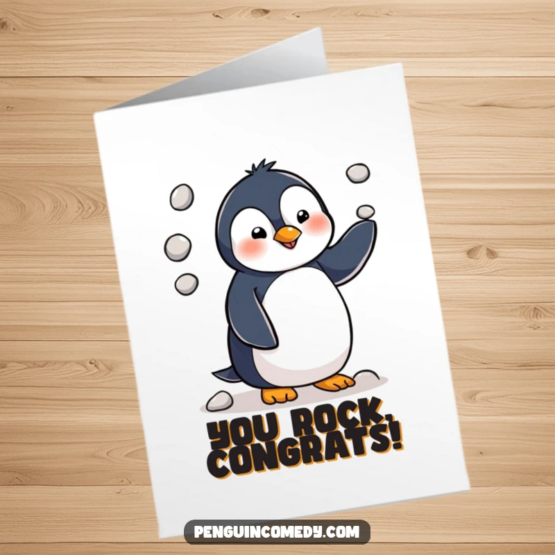Funny free printable congratulations card, a penguin triumphantly juggling pebbles, symbolizing hard-earned success.
