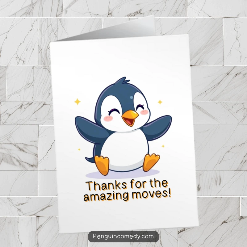 Funny Free Printable Thank You Card: A penguin performing a happy dance with obvious glee, sending thanks.